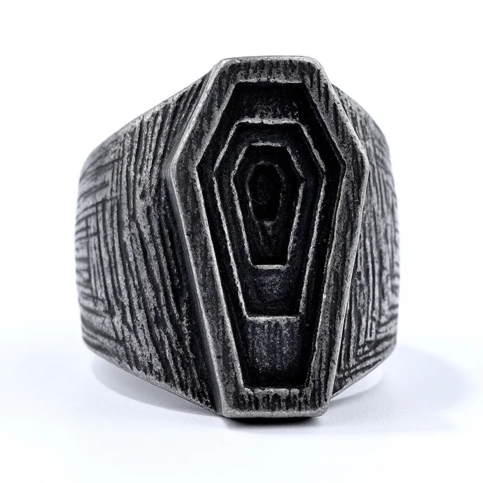 Coffin-Shaped Punk Ring – Unisex Vintage Titanium Steel Layered Design Ring