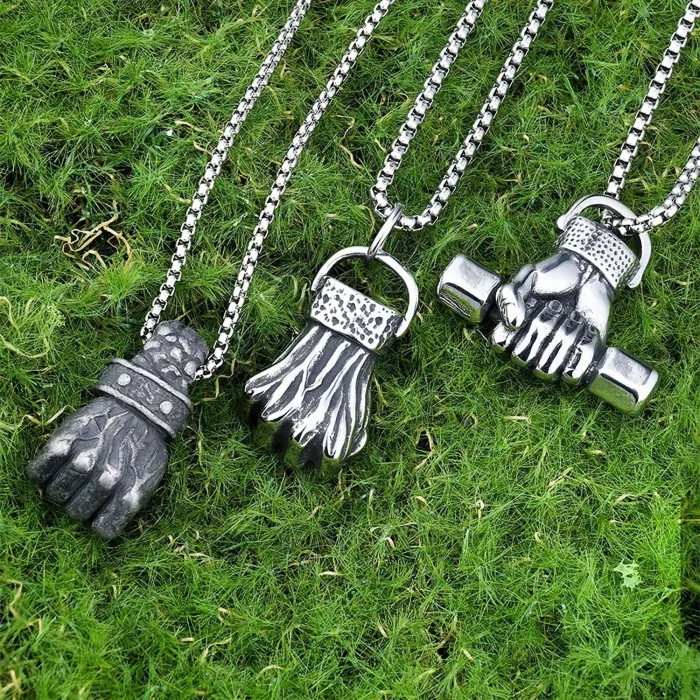 Fitness Fist & Dumbbell Pendant Set – Vintage Stainless Steel Gym Style Necklace