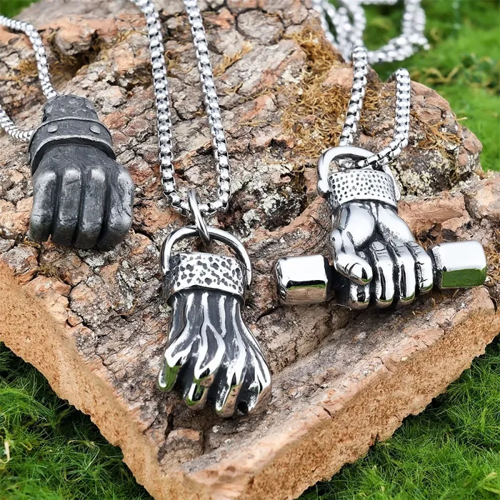 Fitness Fist & Dumbbell Pendant Set – Vintage Stainless Steel Gym Style Necklace