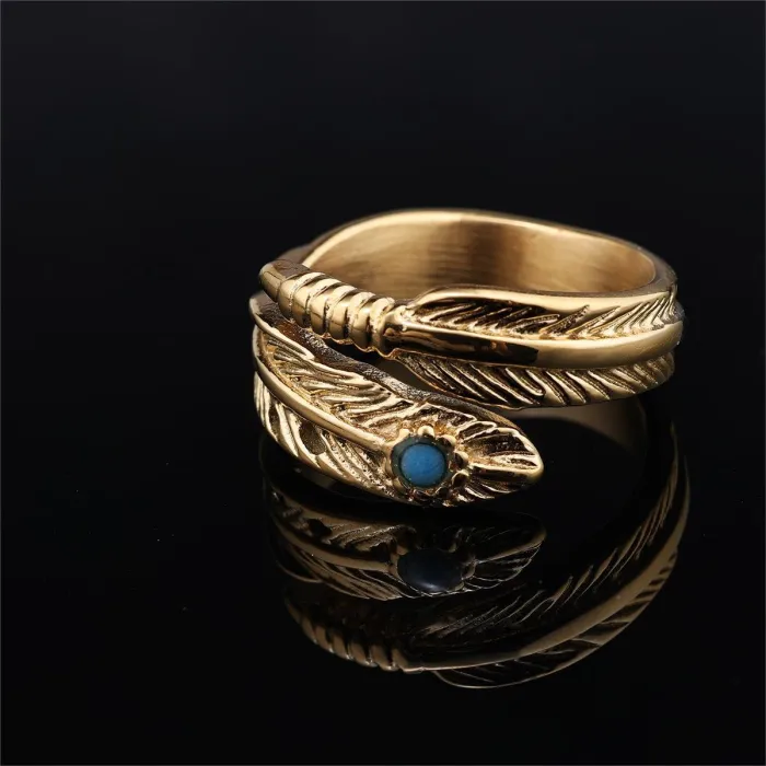 Gold Feather Turquoise Ring – Stainless Steel Tarnish-Free Statement Band