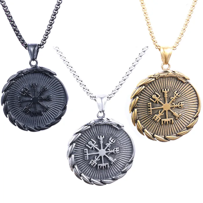 Viking Shield Pendant – Vintage Round Medallion Necklace, Stainless Steel, Wholesale Supply