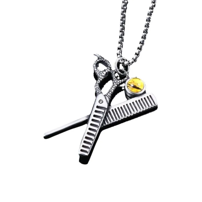 Vintage Scissor Pendant with Yellow Eye – Quirky DIY Stainless Steel Necklace
