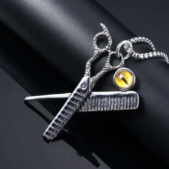 Vintage Scissor Pendant with Yellow Eye – Quirky DIY Stainless Steel Necklace