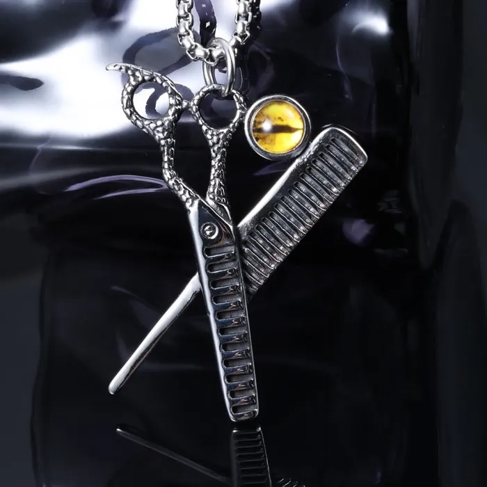 Vintage Scissor Pendant with Yellow Eye – Quirky DIY Stainless Steel Necklace