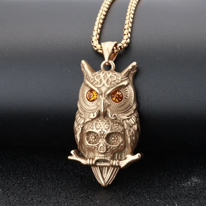Classic Vintage Owl Skull Pendant – Polished Stainless Steel with Inlaid Stones