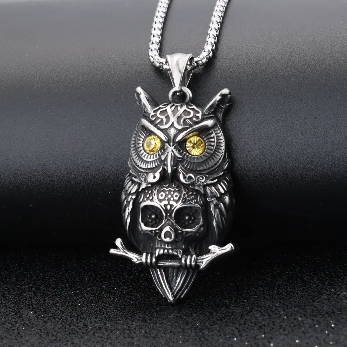 Classic Vintage Owl Skull Pendant – Polished Stainless Steel with Inlaid Stones