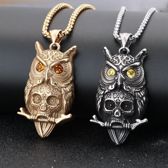 Classic Vintage Owl Skull Pendant – Polished Stainless Steel with Inlaid Stones