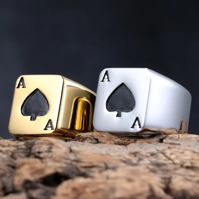 Ace of Hearts Playing Card Ring – Biker Style Titanium Steel Fashion Jewelry, Wholesale