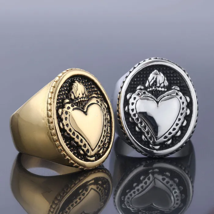 Sacred Heart Stainless Steel Ring – Vintage Gothic Street Style Unisex Biker Jewelry