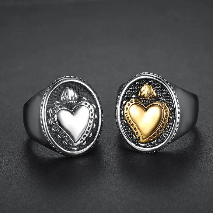 Sacred Heart Stainless Steel Ring – Vintage Gothic Street Style Unisex Biker Jewelry
