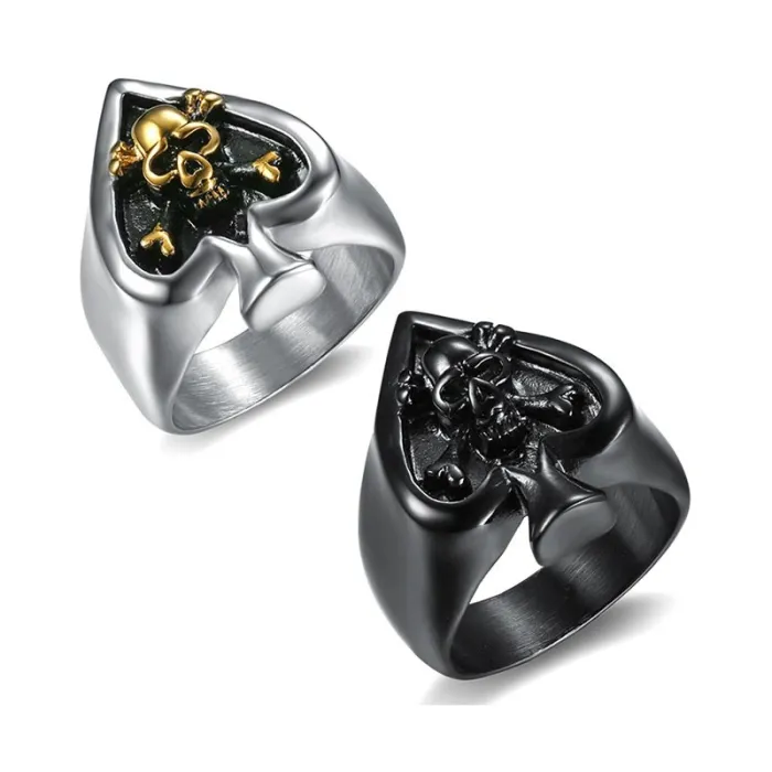 Men’s Spade Skull Ring – Poker-Inspired Titanium Steel Biker Style Ring