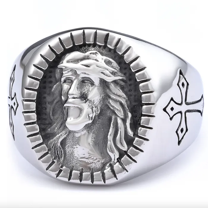 Vintage Elder and Child Ring – Black-Plated Stainless Steel Men’s Retro Statement Ring