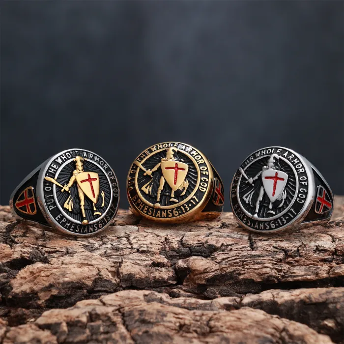 Knight Shield Ring – Vintage Stainless Steel Men's Ring, Medieval Armor Style, Wholesale