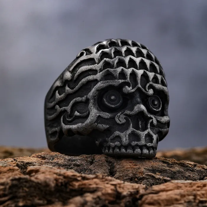 Bold Vintage Skull Ring – Carved Stainless Steel Gothic Biker Jewelry, Wholesale