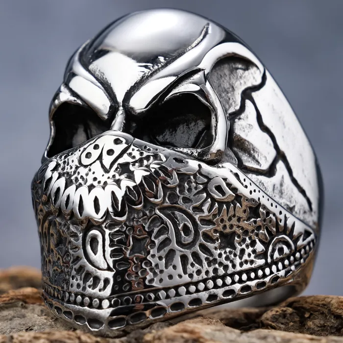 Patterned Mask Skull Ring – Unique Stainless Steel Gothic Punk Jewelry for Men