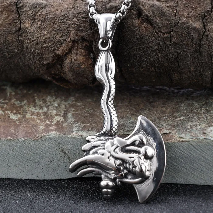 Wholesale Viking Skull Axe Pendant – Creative Retro Stainless Steel Necklace for Men | New Arrival Viking Legend Jewelry Bulk Supply