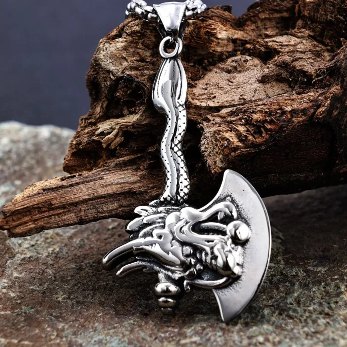 Wholesale Viking Skull Axe Pendant – Creative Retro Stainless Steel Necklace for Men | New Arrival Viking Legend Jewelry Bulk Supply