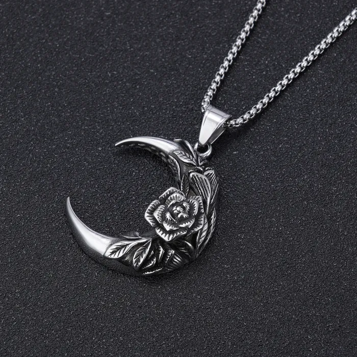 Hot Selling Gothic Crescent Moon Rose Pendant – Punk Style Streetwear Necklace for Men | Bulk Stainless Steel Jewelry for Fashion Retailers