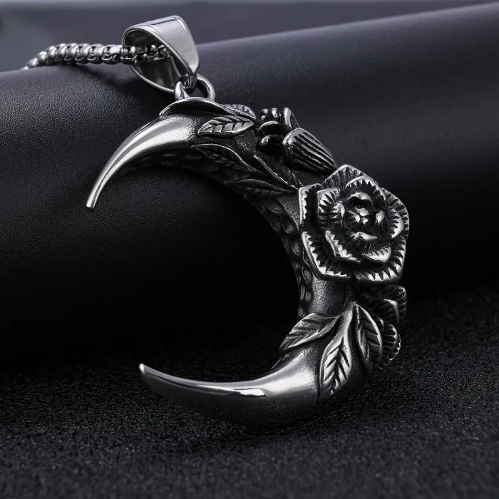 Hot Selling Gothic Crescent Moon Rose Pendant – Punk Style Streetwear Necklace for Men | Bulk Stainless Steel Jewelry for Fashion Retailers