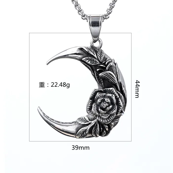 Hot Selling Gothic Crescent Moon Rose Pendant – Punk Style Streetwear Necklace for Men | Bulk Stainless Steel Jewelry for Fashion Retailers