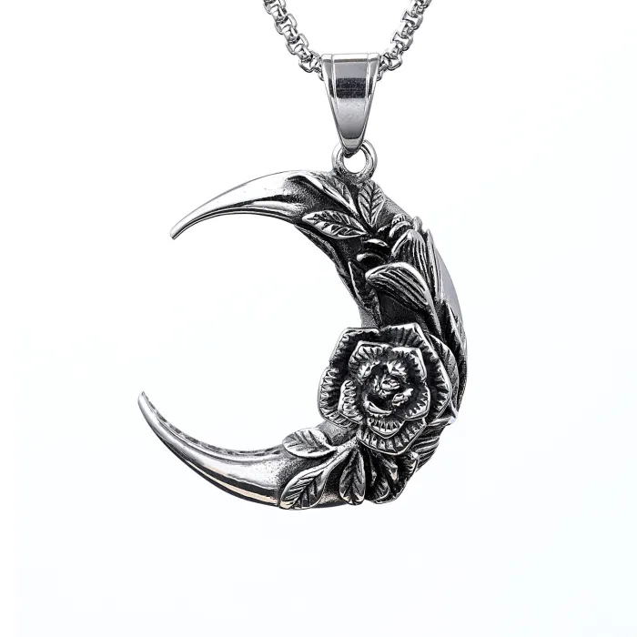 Hot Selling Gothic Crescent Moon Rose Pendant – Punk Style Streetwear Necklace for Men | Bulk Stainless Steel Jewelry for Fashion Retailers
