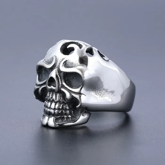 Wholesale Gothic Skull Ring – Vintage Hollow Carved Stainless Steel Biker Jewelry, Unisex Titanium Steel Ring, Factory Supply for Bulk Orders