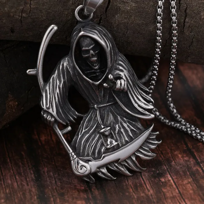 2022 Scythe Grim Reaper Skull Pendant – Titanium Steel Men’s Necklace | Gothic Punk Jewelry Bulk Supply & Factory Direct Wholesale