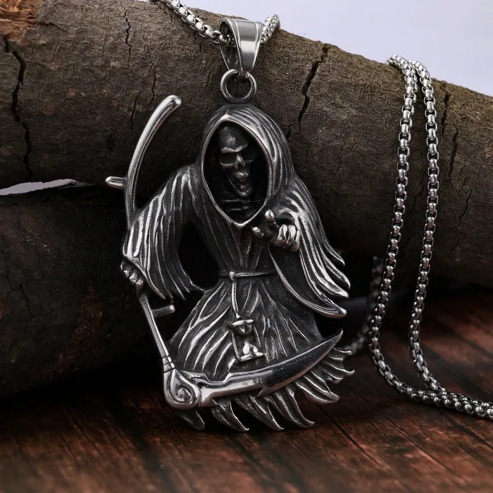2022 Scythe Grim Reaper Skull Pendant – Titanium Steel Men’s Necklace | Gothic Punk Jewelry Bulk Supply & Factory Direct Wholesale
