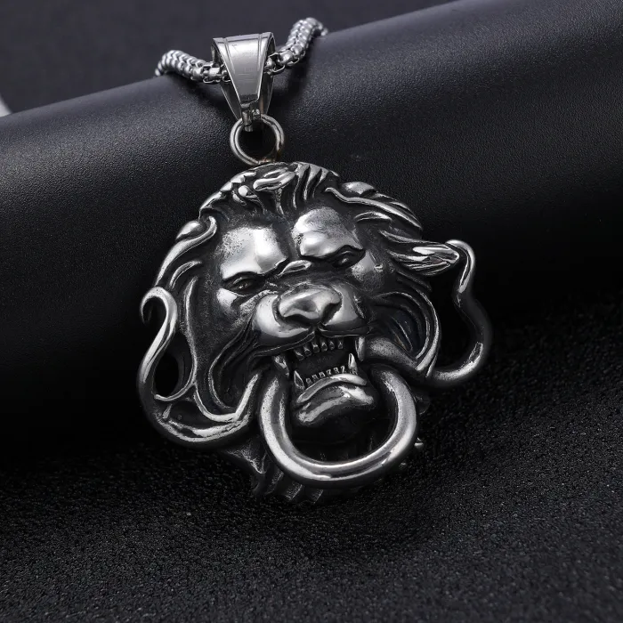 Wholesale Bold Lion Head Pendant – Animal Series Round Ring Necklace for Men | Gothic Titanium Steel Jewelry Bulk Supply, Factory Direct