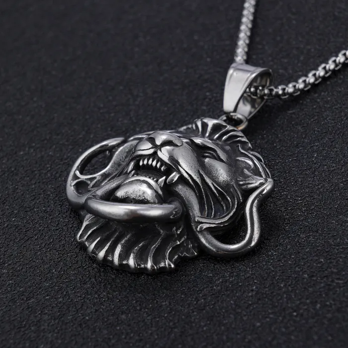 Wholesale Bold Lion Head Pendant – Animal Series Round Ring Necklace for Men | Gothic Titanium Steel Jewelry Bulk Supply, Factory Direct