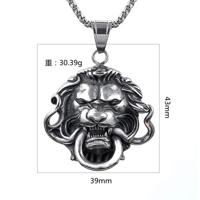 Wholesale Bold Lion Head Pendant – Animal Series Round Ring Necklace for Men | Gothic Titanium Steel Jewelry Bulk Supply, Factory Direct