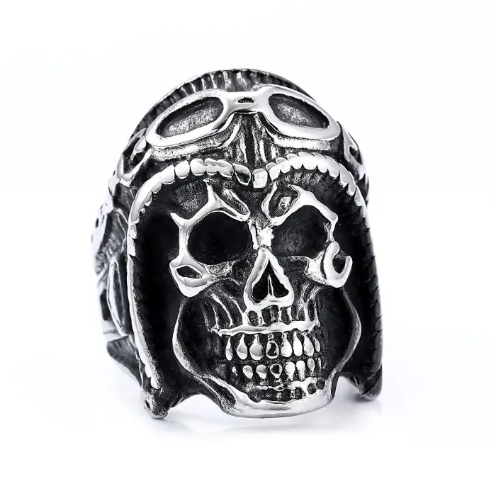 Vintage Pilot Skull Ring for Men – Biker Style Stainless Steel Jewelry, Bulk Supplier Available, Punk Accessories for Resellers & Online Shops