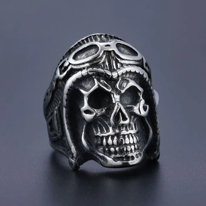 Vintage Pilot Skull Ring for Men – Biker Style Stainless Steel Jewelry, Bulk Supplier Available, Punk Accessories for Resellers & Online Shops