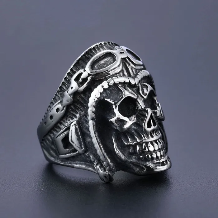 Vintage Pilot Skull Ring for Men – Biker Style Stainless Steel Jewelry, Bulk Supplier Available, Punk Accessories for Resellers & Online Shops
