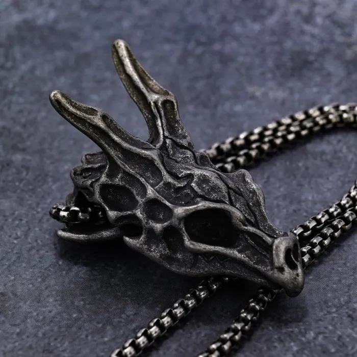 Wholesale Biker Style Dragon Skull Pendant – Vintage Stainless Steel Skeleton Head Necklace, Bold Gothic Jewelry for Men, Bulk Fashion Accessories