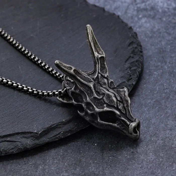 Wholesale Biker Style Dragon Skull Pendant – Vintage Stainless Steel Skeleton Head Necklace, Bold Gothic Jewelry for Men, Bulk Fashion Accessories