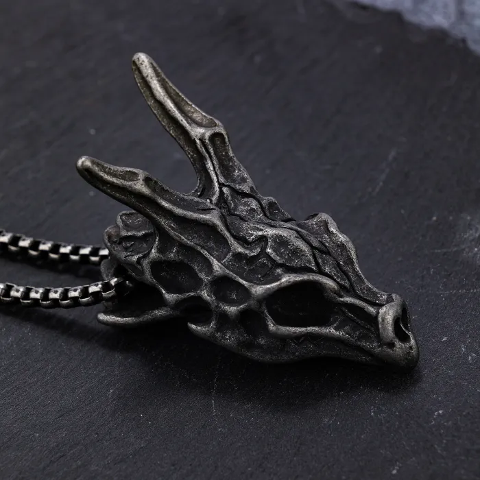 Wholesale Biker Style Dragon Skull Pendant – Vintage Stainless Steel Skeleton Head Necklace, Bold Gothic Jewelry for Men, Bulk Fashion Accessories