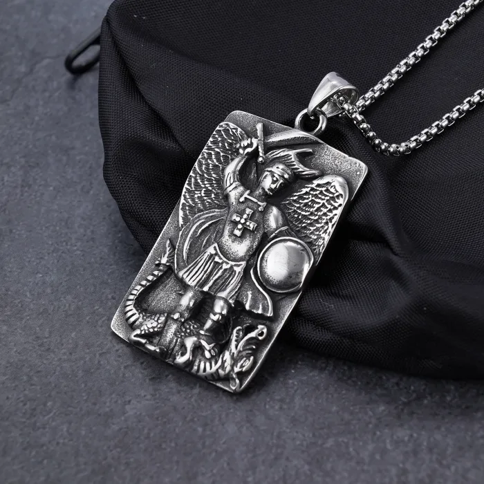 Wholesale Angel Knight Slaying Dragon Pendant – Vintage Stainless Steel Gothic Necklace for Men, Fantasy Warrior Jewelry, Bulk Accessories Supplier
