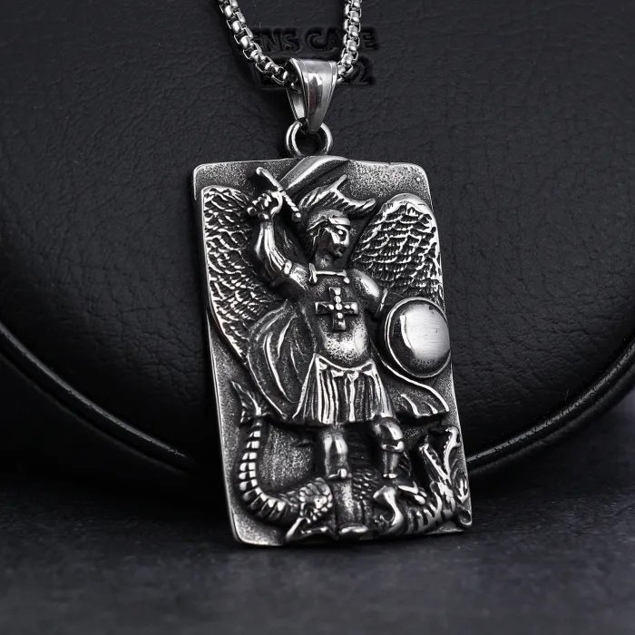 Wholesale Angel Knight Slaying Dragon Pendant – Vintage Stainless Steel Gothic Necklace for Men, Fantasy Warrior Jewelry, Bulk Accessories Supplier