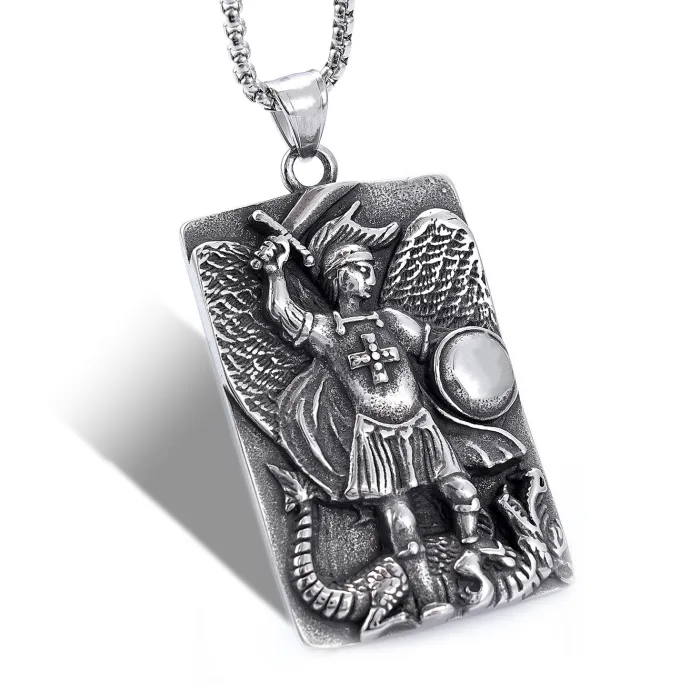 Wholesale Angel Knight Slaying Dragon Pendant – Vintage Stainless Steel Gothic Necklace for Men, Fantasy Warrior Jewelry, Bulk Accessories Supplier