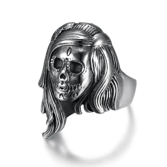 Gothic Long Hair Skull Lady Ring – Women's Stainless Steel Statement Jewelry, Trendy Punk Style, Factory Price, Fashion Accessories Wholesale