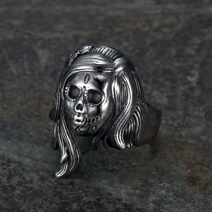 Gothic Long Hair Skull Lady Ring – Women's Stainless Steel Statement Jewelry, Trendy Punk Style, Factory Price, Fashion Accessories Wholesale