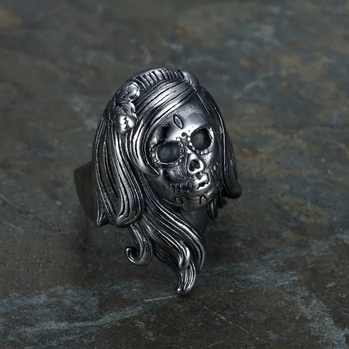 Gothic Long Hair Skull Lady Ring – Women's Stainless Steel Statement Jewelry, Trendy Punk Style, Factory Price, Fashion Accessories Wholesale