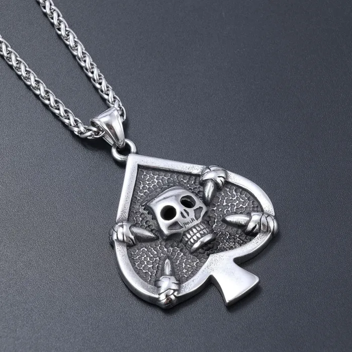 Wholesale Skull Pendant – Black Spade Skull Design Stainless Steel Necklace for Men | In Stock & Dropshipping Available