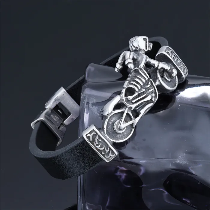 Wholesale Punk Skull Biker Club Bracelet – Stainless Steel Men's Leather Wristband, Edgy Motorcycle Style, Factory Direct Supply