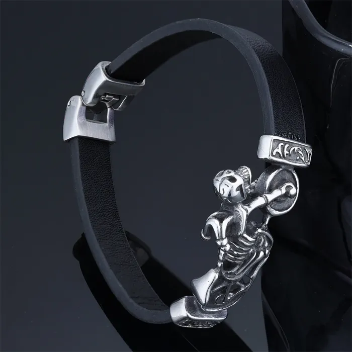 Wholesale Punk Skull Biker Club Bracelet – Stainless Steel Men's Leather Wristband, Edgy Motorcycle Style, Factory Direct Supply