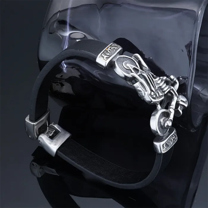 Wholesale Punk Skull Biker Club Bracelet – Stainless Steel Men's Leather Wristband, Edgy Motorcycle Style, Factory Direct Supply