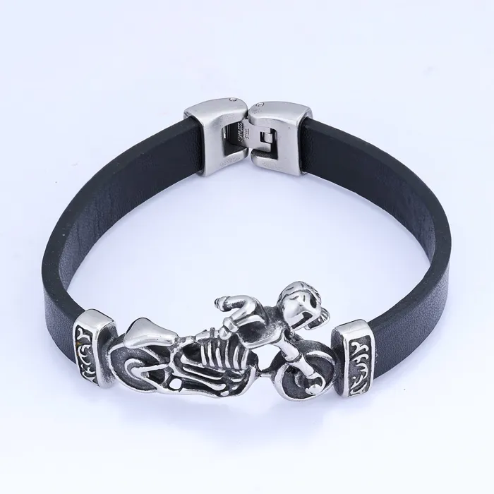 Wholesale Punk Skull Biker Club Bracelet – Stainless Steel Men's Leather Wristband, Edgy Motorcycle Style, Factory Direct Supply