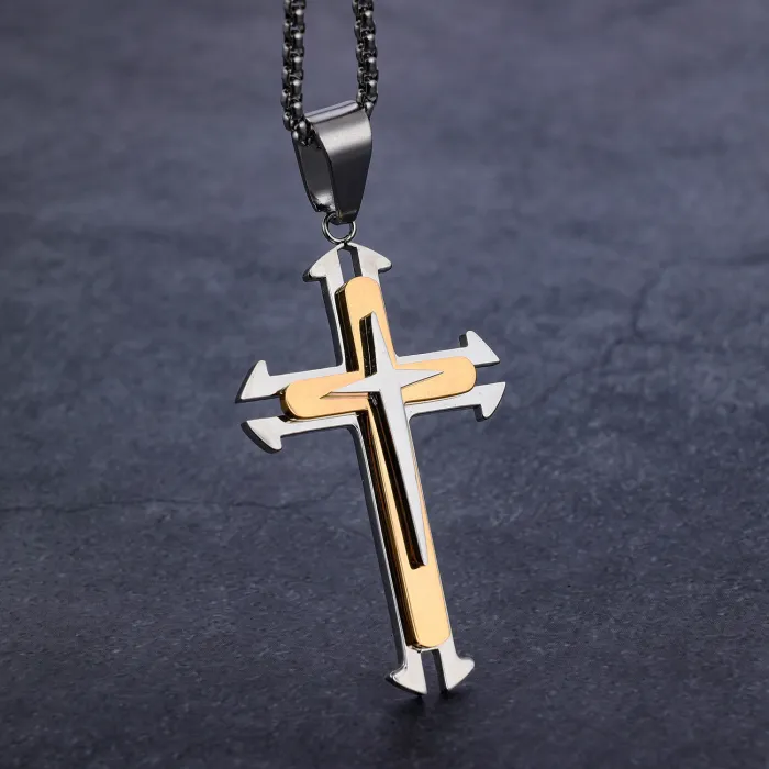 Hot-Selling Dual Cross Pendant in Two-Tone Stainless Steel – Fashion Jewelry | Wholesale & One-Piece Dropshipping Available Now