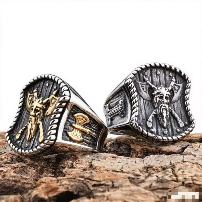 Wholesale Viking Style Stainless Steel Ring | Two-Tone Metal Nordic Mythology Portrait Jewelry for Men | Trendy Fashion Accessory Bulk Supply